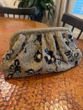 Beaded Floral Evening Clutch in Gold and Black